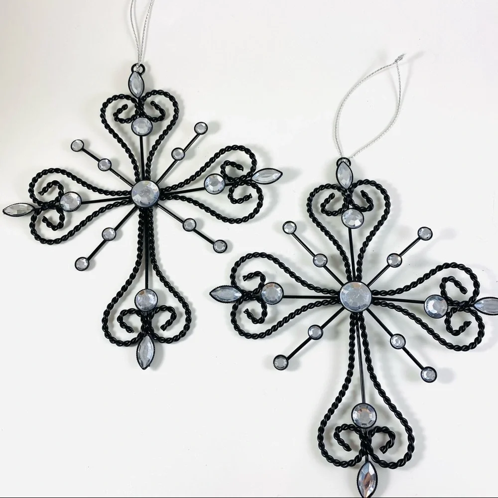 2 metal and rhinestone cross Christmas ornaments